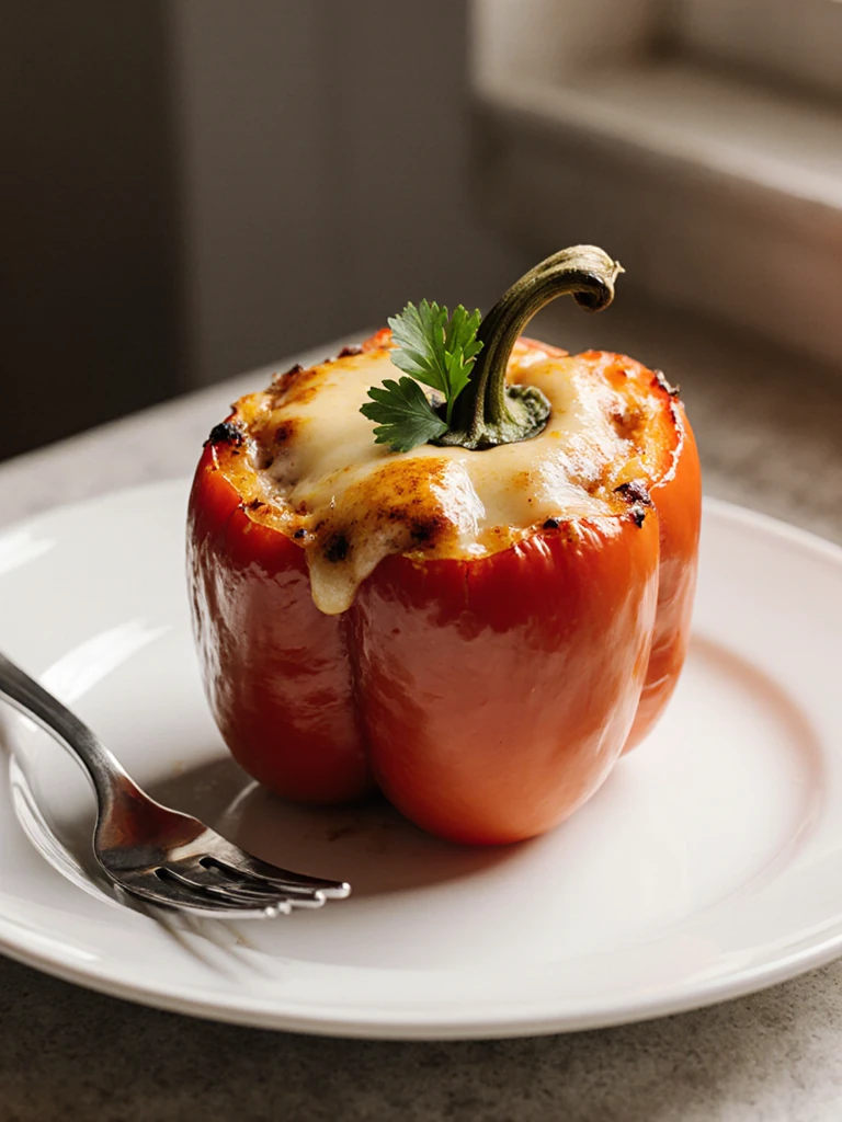 Single turkey-stuffed bell pepper on a white plate garnished with fresh parsley, fork beside it
