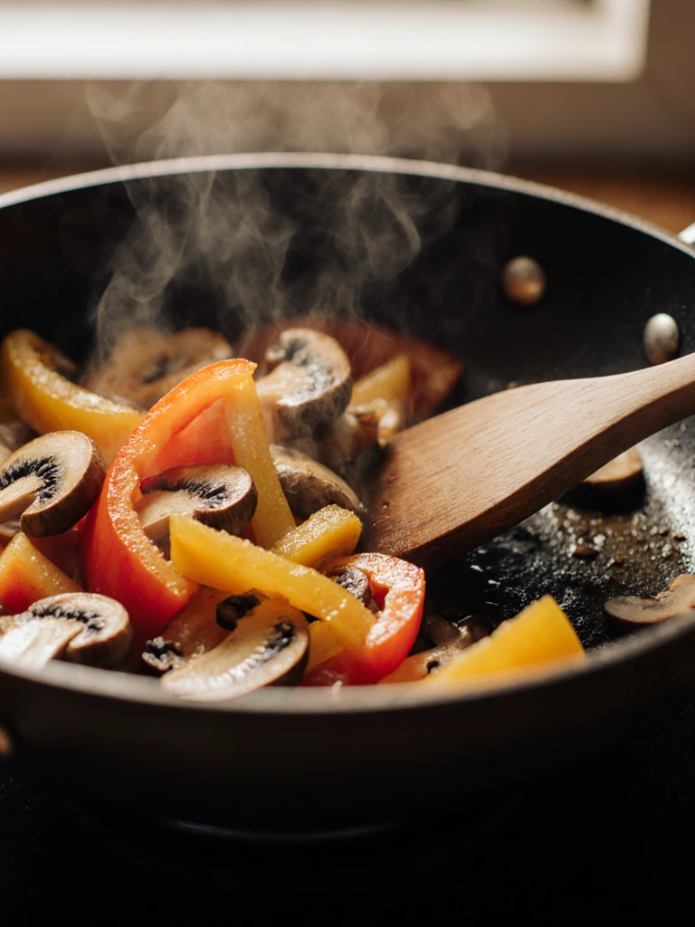 Diced bell peppers and mushrooms sautéing in a nonstick skillet over medium heat, wooden spatula stirring