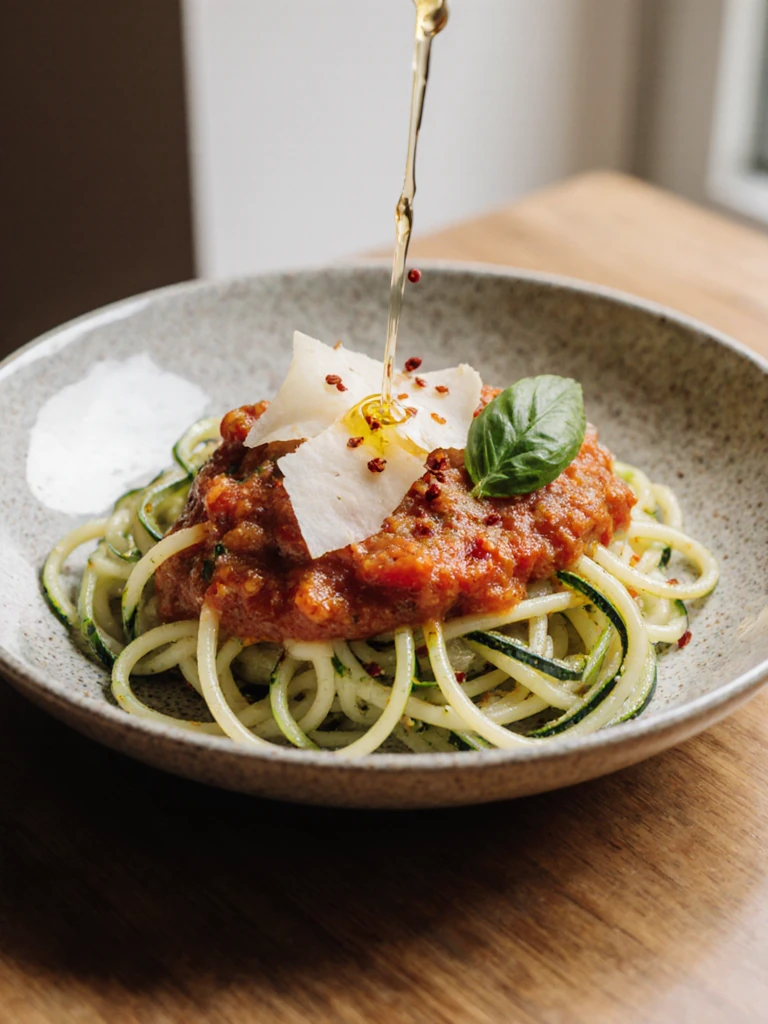 Plated zucchini noodles with marinara at a 45-degree angle, parmesan shavings, fresh basil, red pepper flakes, drizzle of olive oil