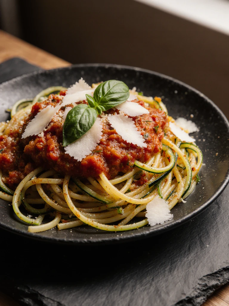 Plated zucchini noodles with marinara sauce garnished with fresh basil leaves and shaved parmesan on a slate board