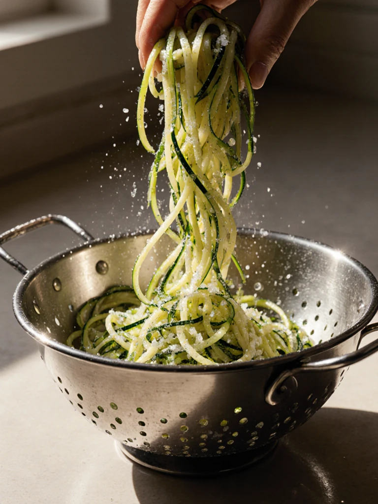 Salted zucchini noodles in a colander with water droplets draining, demonstrating the moisture-drawing technique