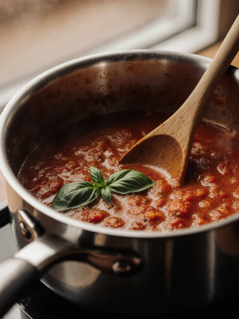 Marinara sauce simmering in a wide saucepan with whole basil sprig, garlic, and crushed San Marzano tomatoes