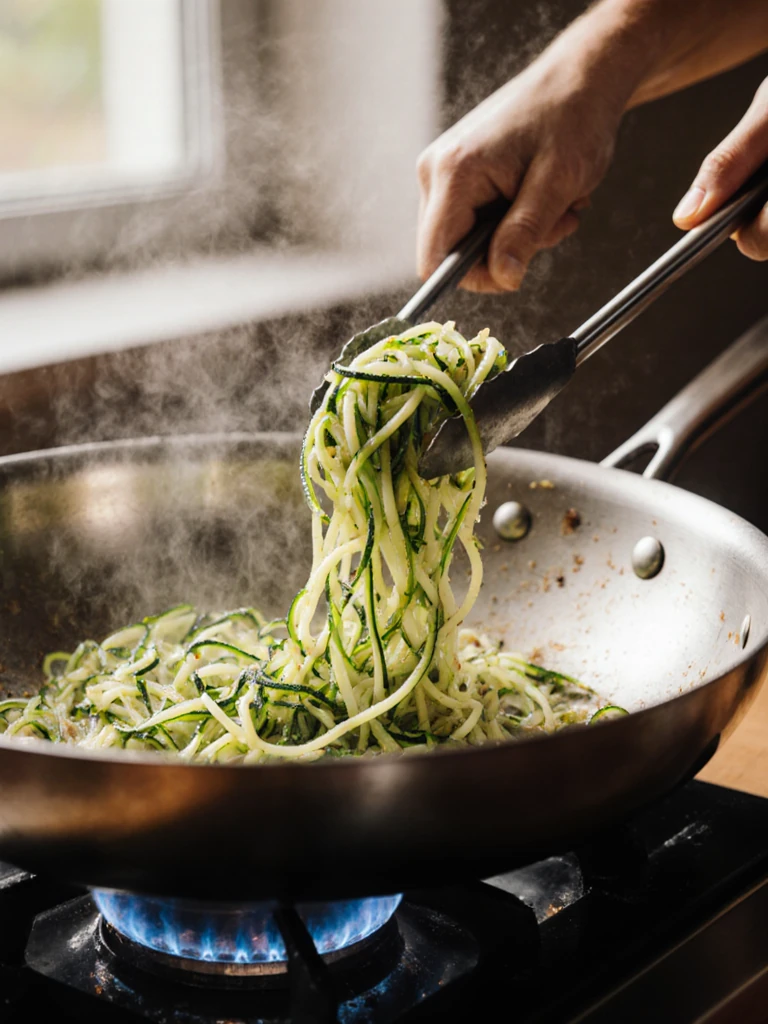 Zucchini noodles being quickly sautéed in a hot skillet with tongs, steam rising, still bright green